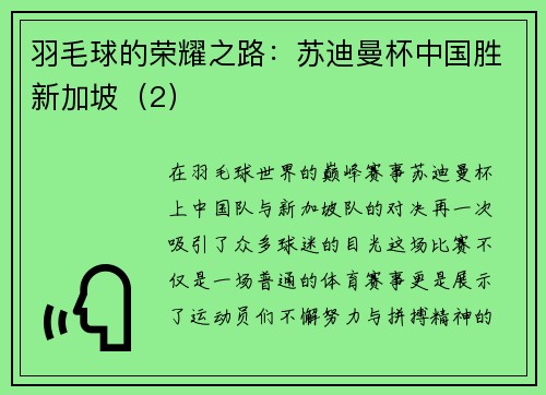 羽毛球的荣耀之路：苏迪曼杯中国胜新加坡（2）