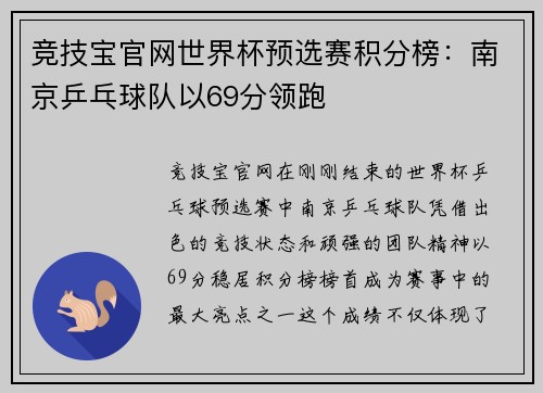 竞技宝官网世界杯预选赛积分榜：南京乒乓球队以69分领跑