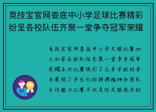竞技宝官网娄底中小学足球比赛精彩纷呈各校队伍齐聚一堂争夺冠军荣耀